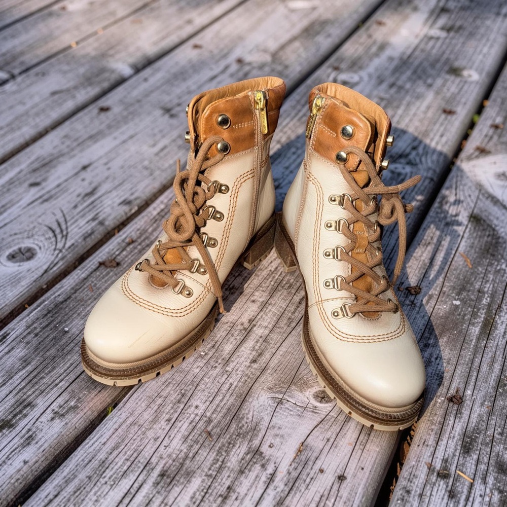 PIKOLINOS Cream and Tan Women's Lace-Up Leather Boots 36-1/2-37
